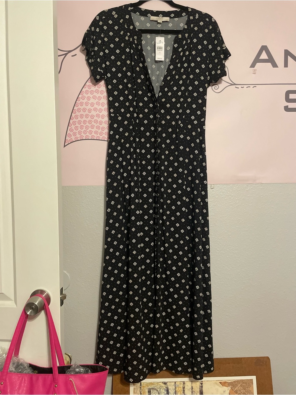 LOFT Black Maxi Dress with White Geometric Print
